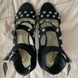 Black Suede Embellished Chunky Strappy Heels